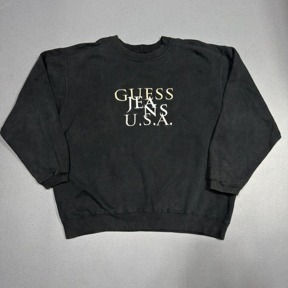 Vintage 90s GUESS Jeans USA Sweatshirt Mens XL Black Embroidered Logo